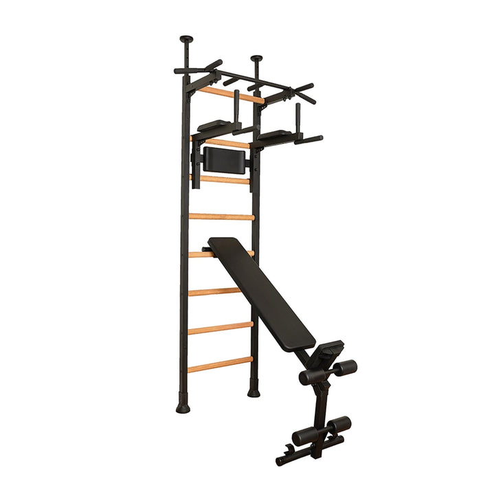 BenchK 523B - Series 5 - Wall Bars Swedish Ladder with Bench, Pull-Up & Dip Bars, Compact Beech Wood & Steel Design