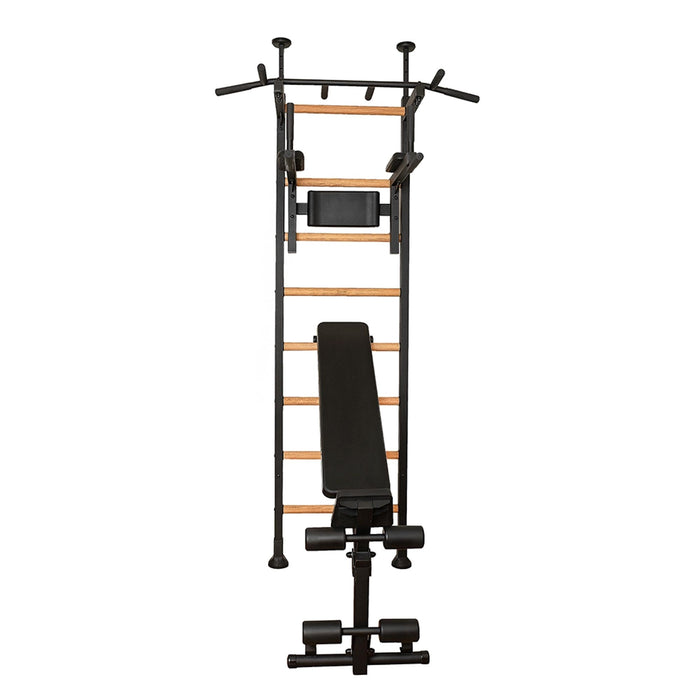 BenchK 523B - Series 5 - Wall Bars Swedish Ladder with Bench, Pull-Up & Dip Bars, Compact Beech Wood & Steel Design