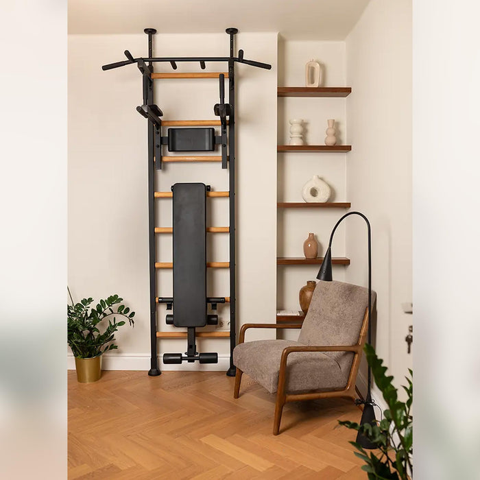 BenchK 523B - Series 5 - Wall Bars Swedish Ladder with Bench, Pull-Up & Dip Bars, Compact Beech Wood & Steel Design