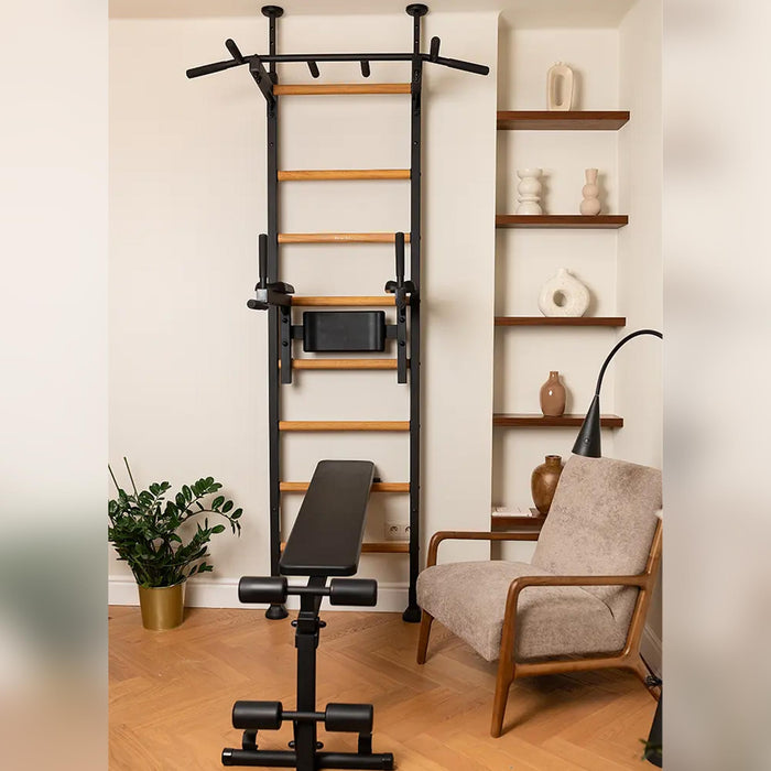 BenchK 523B - Series 5 - Wall Bars Swedish Ladder with Bench, Pull-Up & Dip Bars, Compact Beech Wood & Steel Design