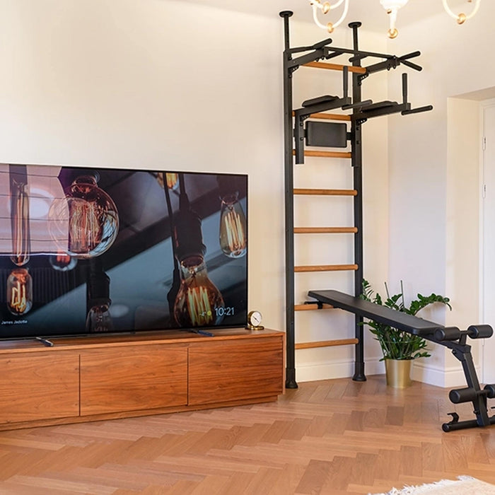 BenchK 523B - Series 5 - Wall Bars Swedish Ladder with Bench, Pull-Up & Dip Bars, Compact Beech Wood & Steel Design