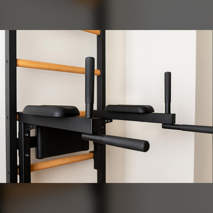 BenchK 523B - Series 5 - Wall Bars Swedish Ladder with Bench, Pull-Up & Dip Bars, Compact Beech Wood & Steel Design