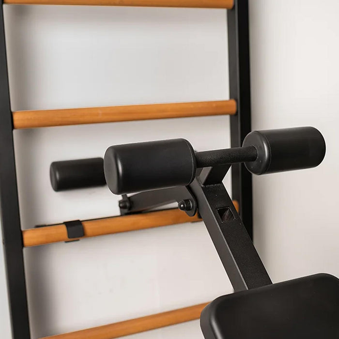 BenchK 523B - Series 5 - Wall Bars Swedish Ladder with Bench, Pull-Up & Dip Bars, Compact Beech Wood & Steel Design