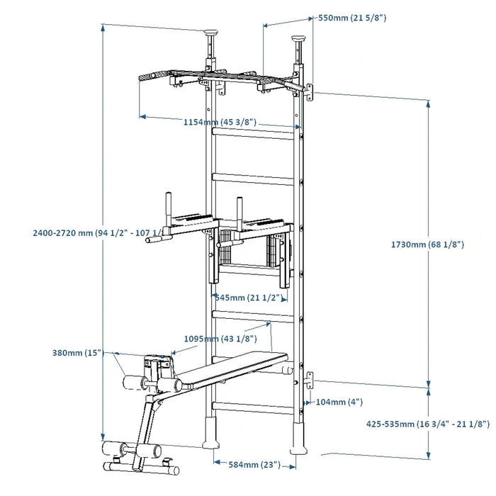 BenchK 523B - Series 5 - Wall Bars Swedish Ladder with Bench, Pull-Up & Dip Bars, Compact Beech Wood & Steel Design