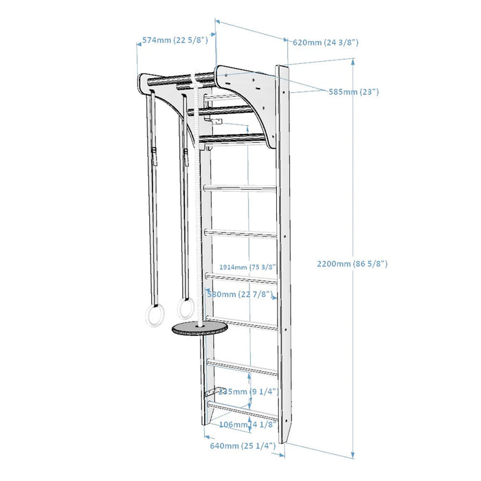 BenchK 111 + A204 - Series 1 - Versatile Wooden Wall Bars Swedish Ladder For Kids Room Exercise & Play