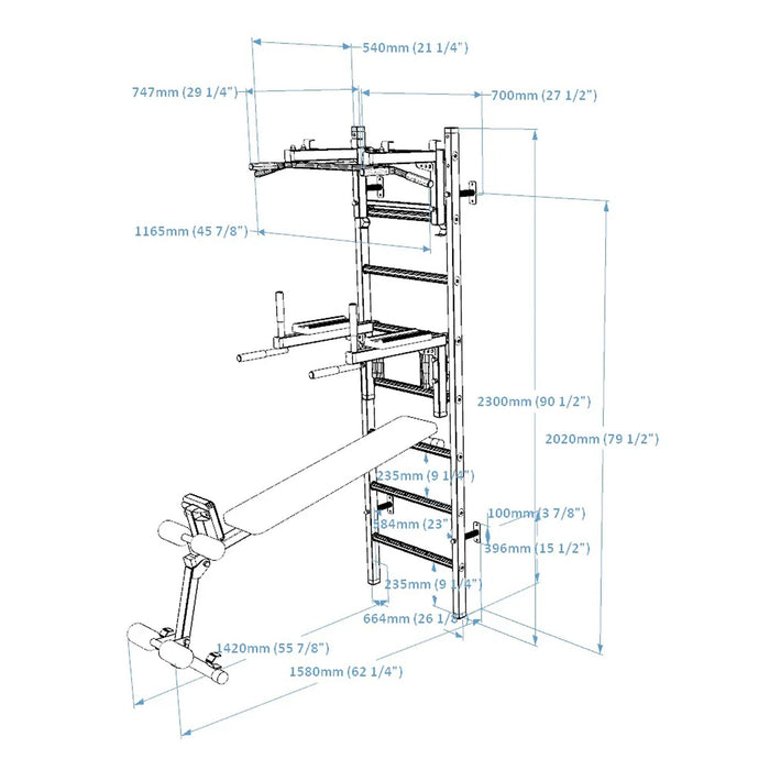 BenchK 233B - Series 2 - Wall Bars - Swedish Ladder - Versatile Home Gym System with Adjustable Pull-Up Bar and Dip Station