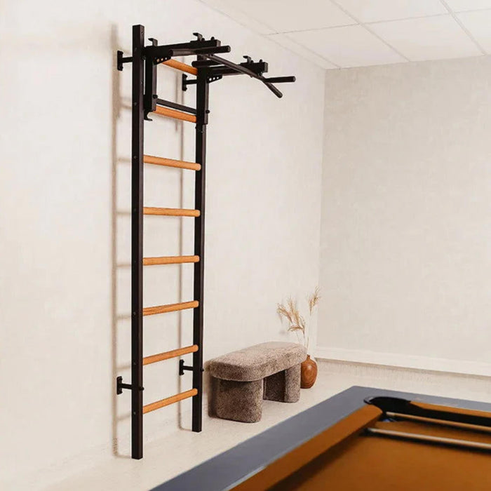 BenchK 231B - Series 2 - Wall Bars With A Convertible Steel 6-Grip Pull-Up Bar That Can Also Be Used As A Barbell Holder