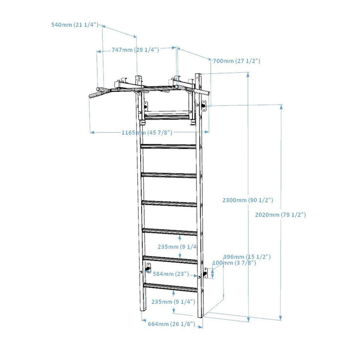 BenchK 231B - Series 2 - Wall Bars With A Convertible Steel 6-Grip Pull-Up Bar That Can Also Be Used As A Barbell Holder