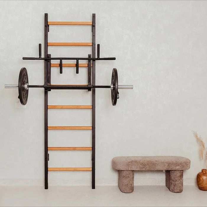 BenchK 231B - Series 2 - Wall Bars With A Convertible Steel 6-Grip Pull-Up Bar That Can Also Be Used As A Barbell Holder