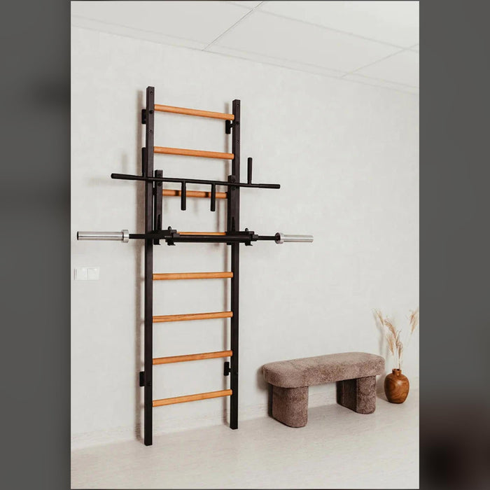 BenchK 231B - Series 2 - Wall Bars With A Convertible Steel 6-Grip Pull-Up Bar That Can Also Be Used As A Barbell Holder