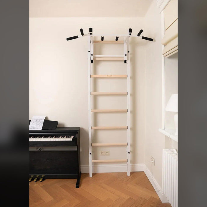 BenchK 231B - Series 2 - Wall Bars With A Convertible Steel 6-Grip Pull-Up Bar That Can Also Be Used As A Barbell Holder