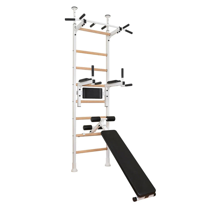 BenchK 523B - Series 5 - Wall Bars Swedish Ladder with Bench, Pull-Up & Dip Bars, Compact Beech Wood & Steel Design
