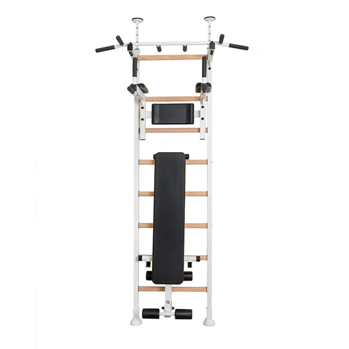 BenchK 523B - Series 5 - Wall Bars Swedish Ladder with Bench, Pull-Up & Dip Bars, Compact Beech Wood & Steel Design