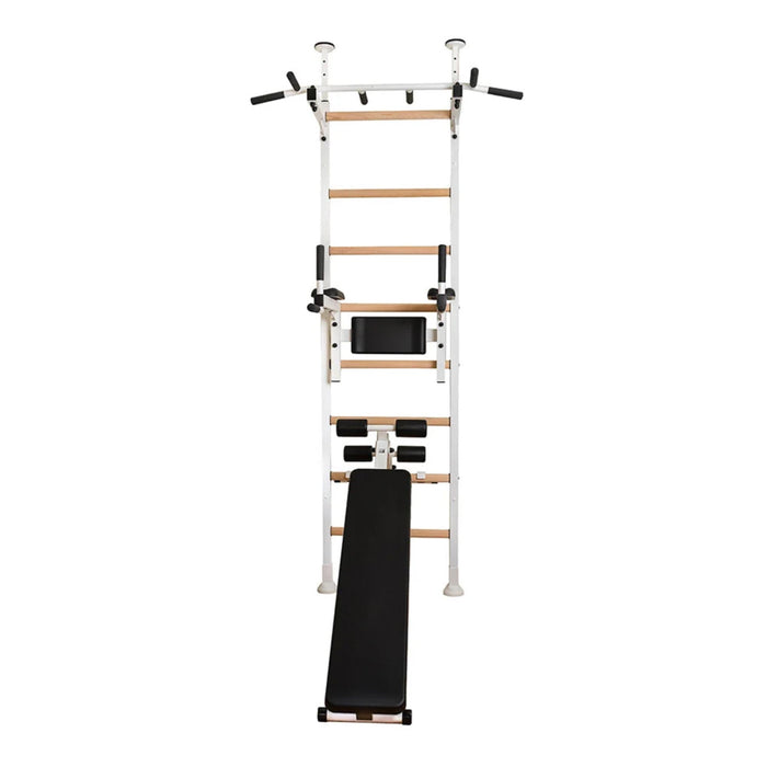 BenchK 523B - Series 5 - Wall Bars Swedish Ladder with Bench, Pull-Up & Dip Bars, Compact Beech Wood & Steel Design